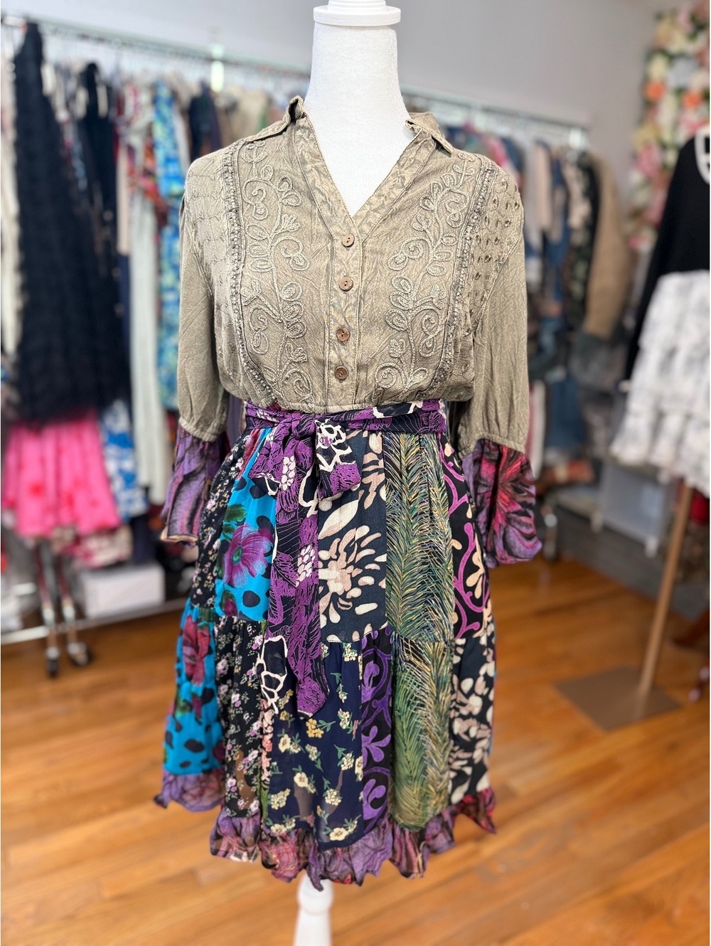 YOUNG THREADS Gravel Embroidered Patchwork Boho Midi Dress NWT XL